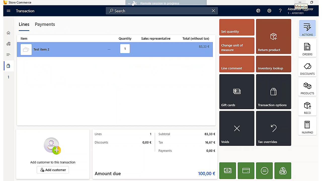 Store Commerce POS transaction screen for a sale in Austria