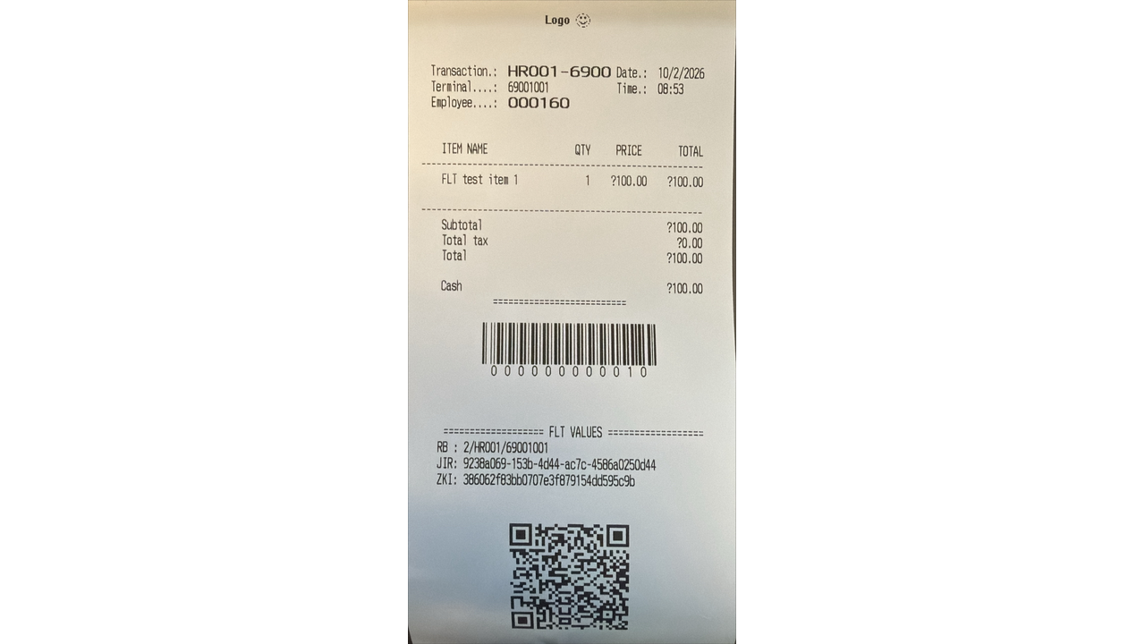 Croatian fiscal receipt with transaction total, RB, JIR, ZKI and QR code