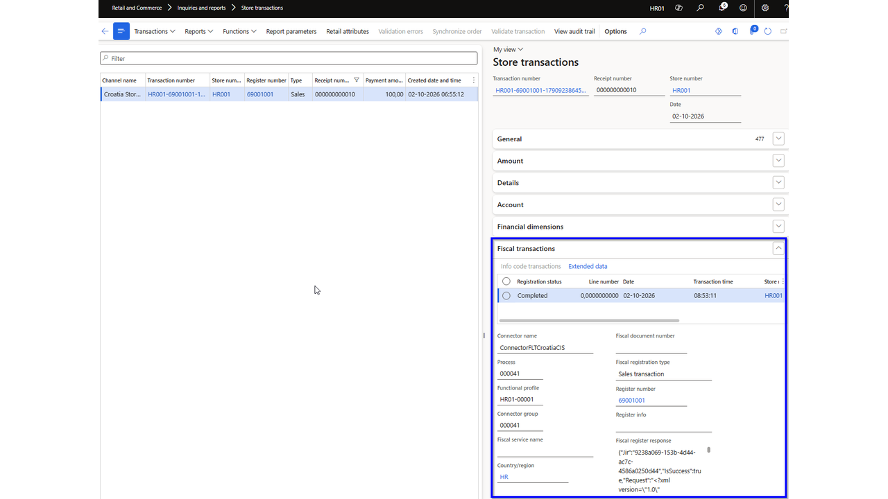 Croatia fiscal transaction in Dynamics 365 Finance and Operations with completed registration and response data