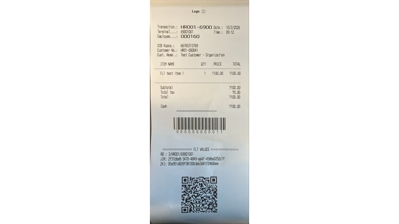 Croatian B2B fiscal receipt with customer OIB, RB, JIR, ZKI and QR code