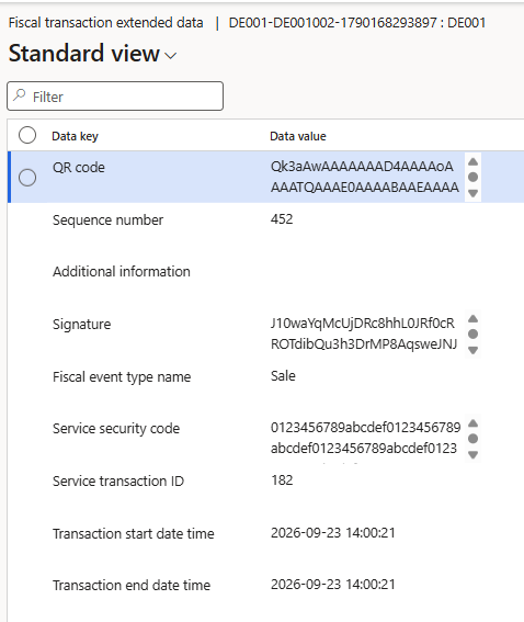 Germany fiscal transaction extended data in Finance & Operations with the TSE signature, service transaction ID and timestamps