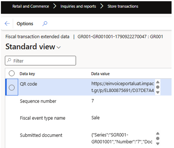 Greek fiscal extended transaction data showing QR code, sequence number and submitted document details