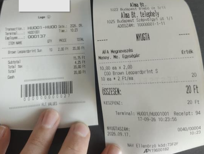 Store Commerce receipt alongside the printed Hungary fiscal receipt