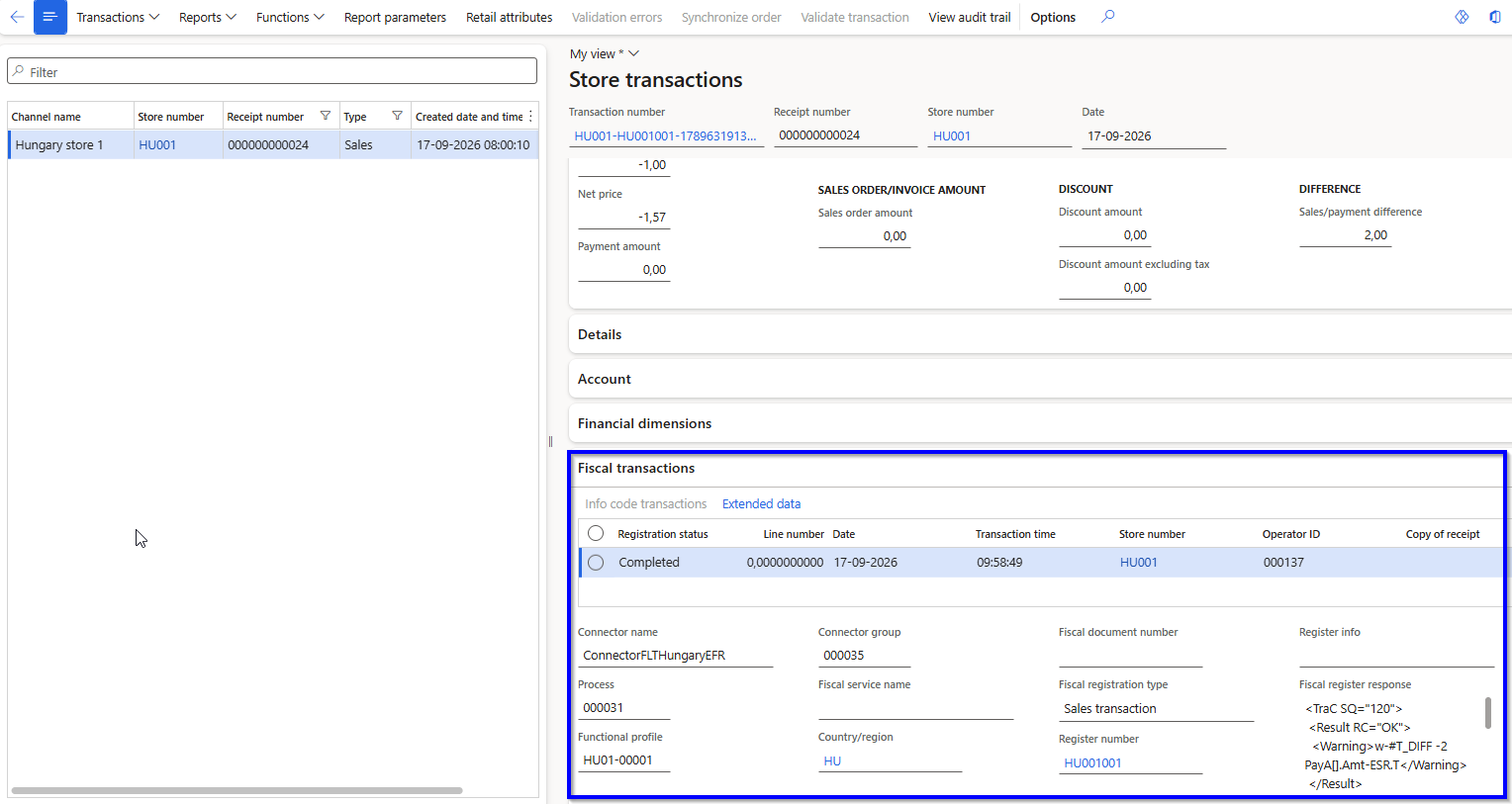 Finance & Operations fiscal transaction data for a Hungary POS sale