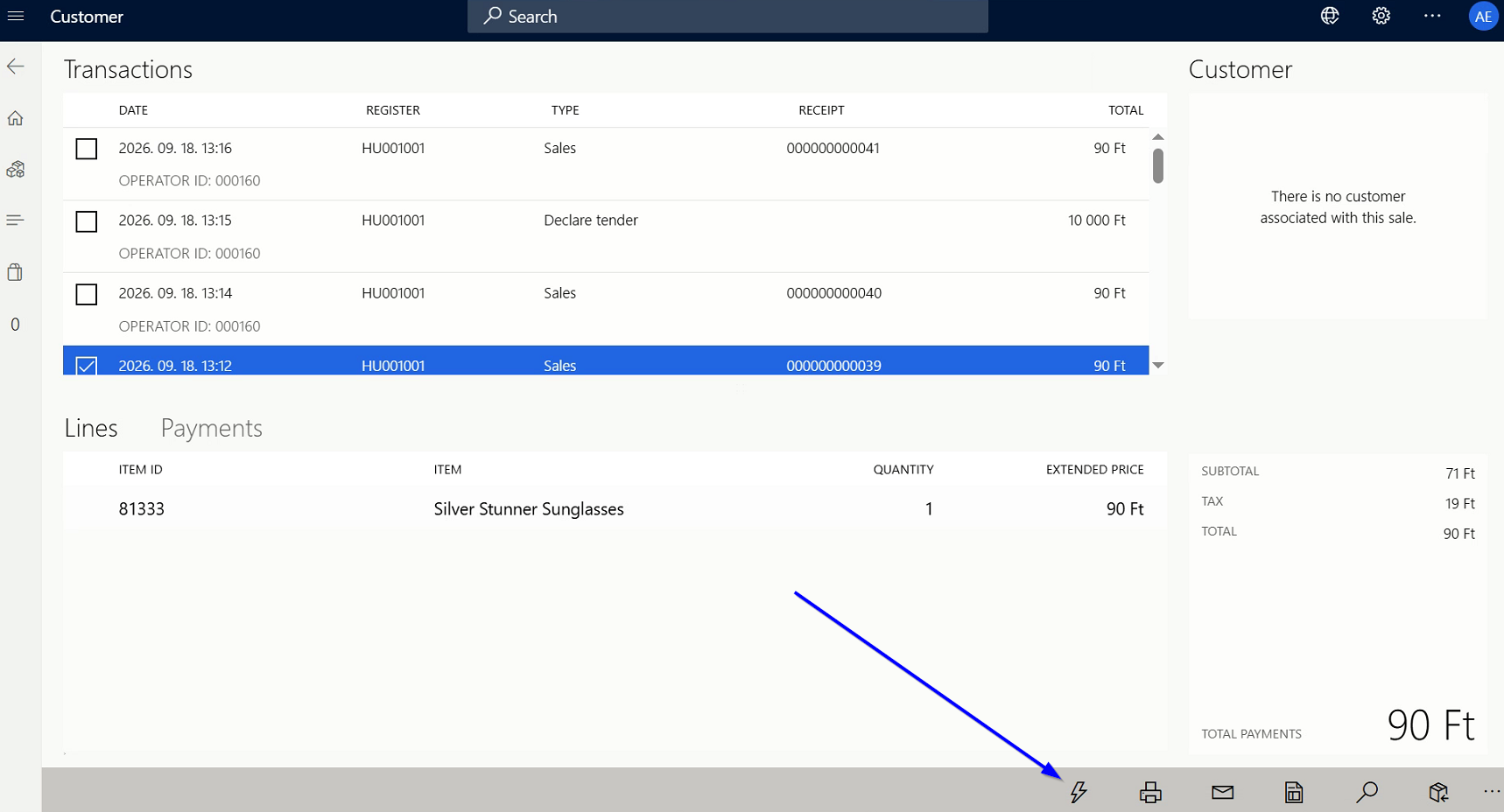 Store Commerce journal with the re-fiscalization button for Hungary transactions