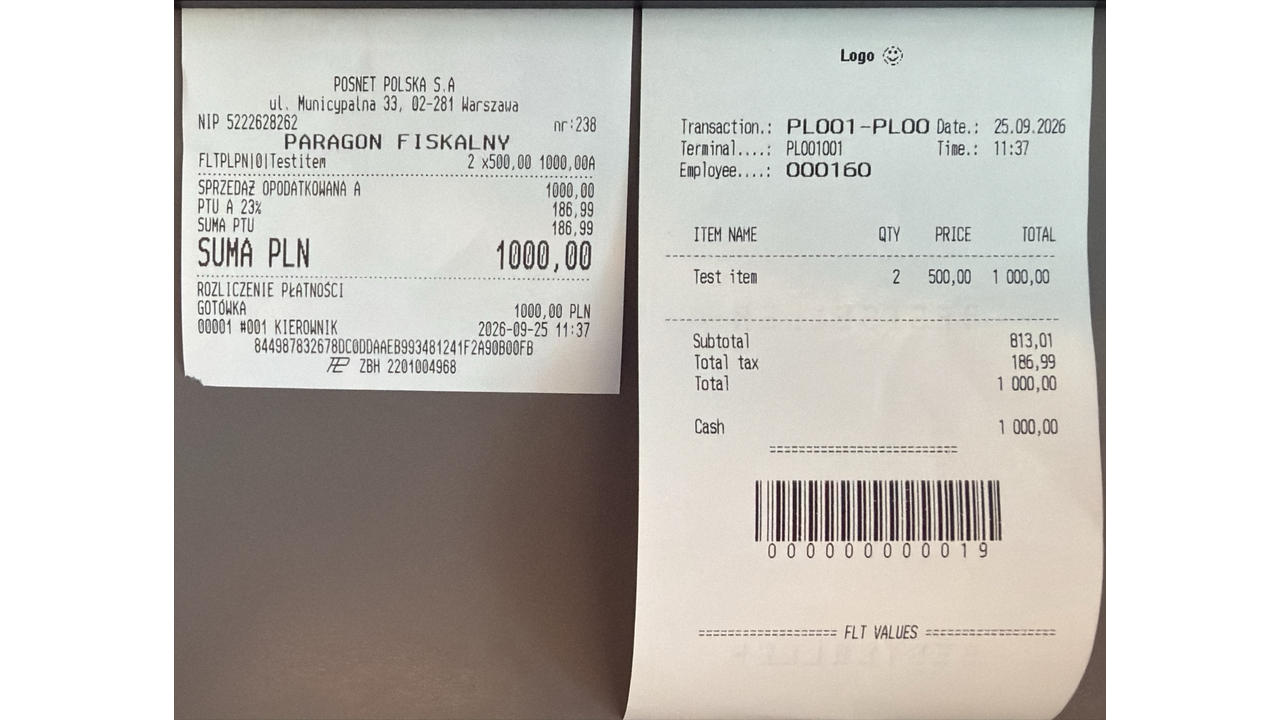 Store Commerce sales receipt alongside the matching POSNET fiscal receipt