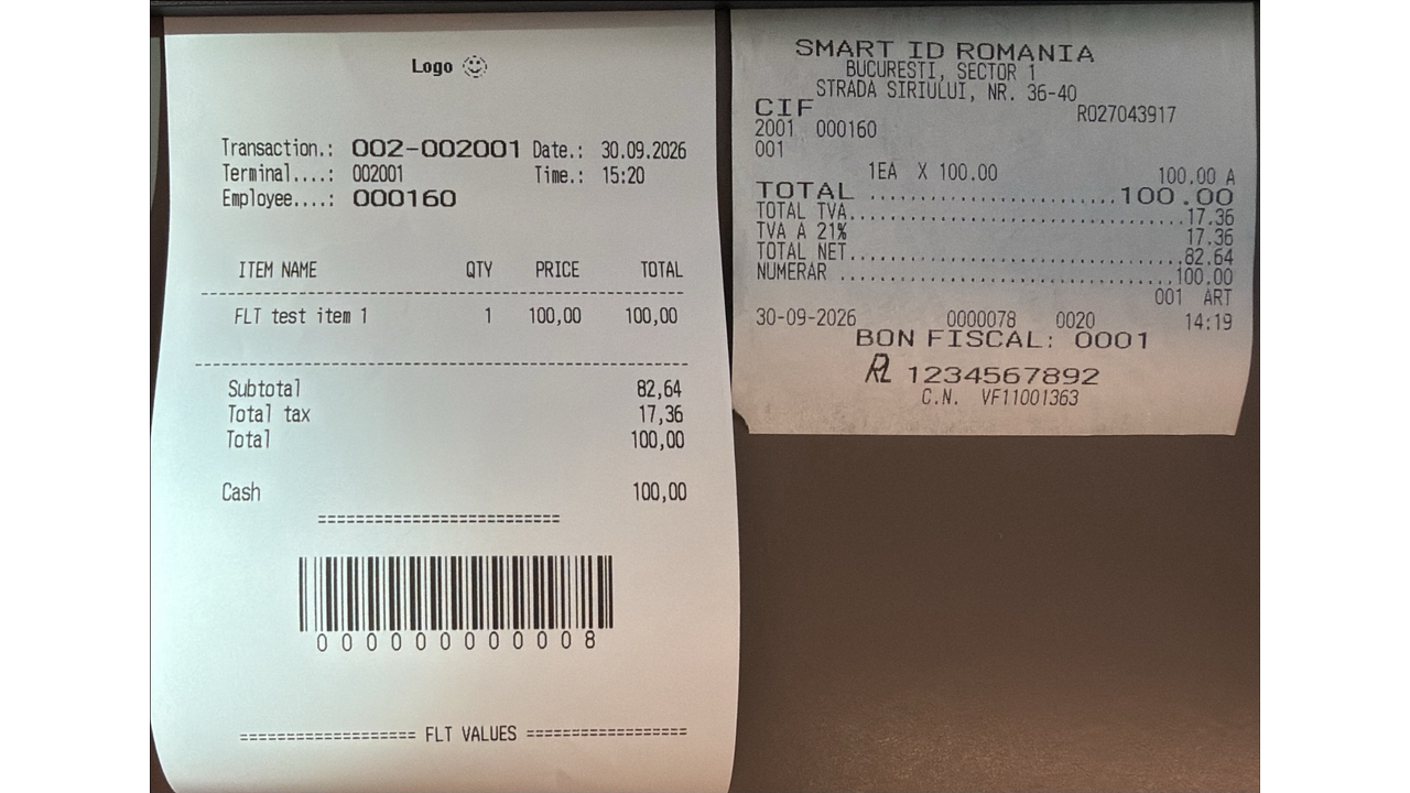 Store Commerce receipt alongside the matching Romanian fiscal receipt