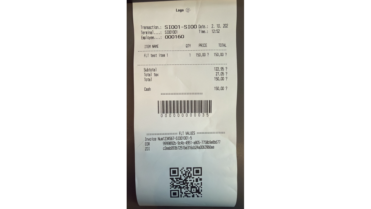 Slovenian fiscal receipt with FURS confirmation, ZOI, EOR, QR code and transaction details