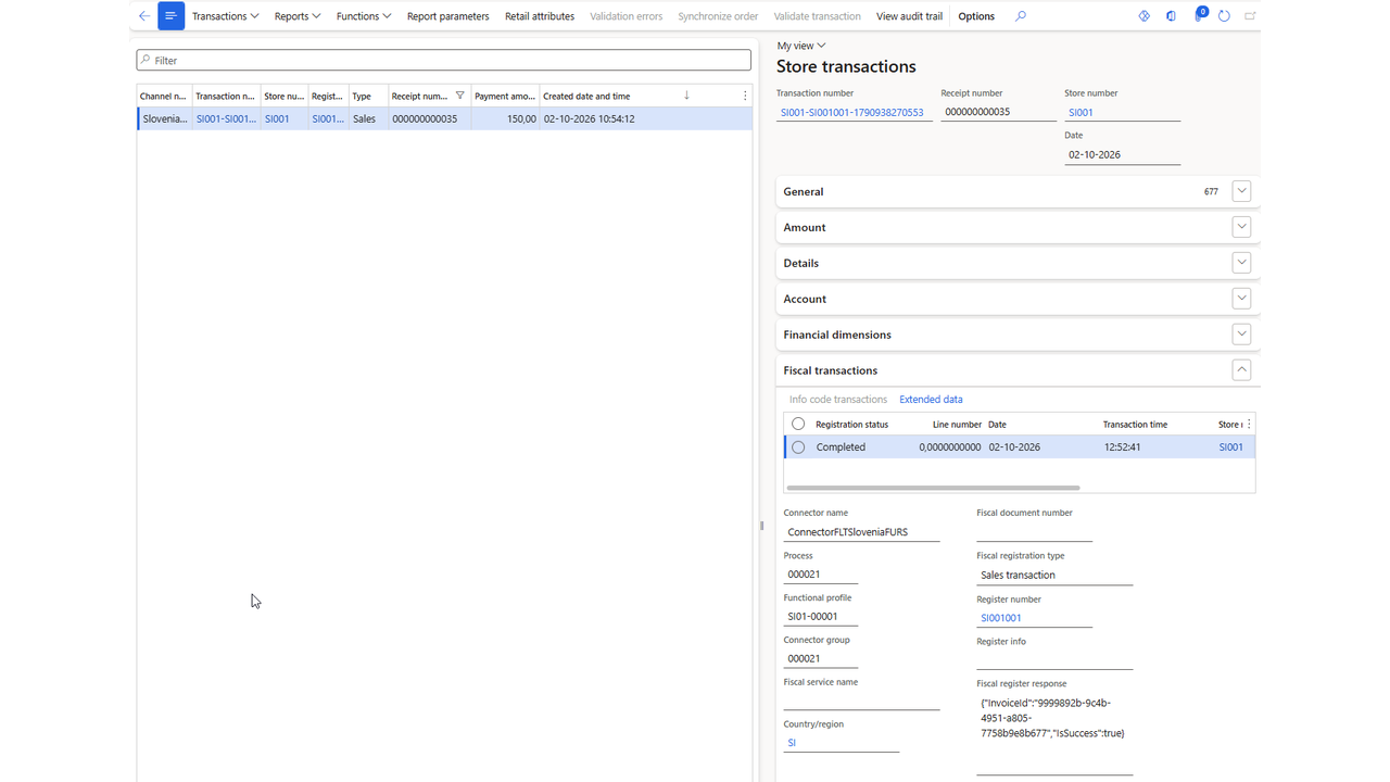 Slovenia fiscal transaction in Dynamics 365 Finance and Operations with completed registration and FURS response