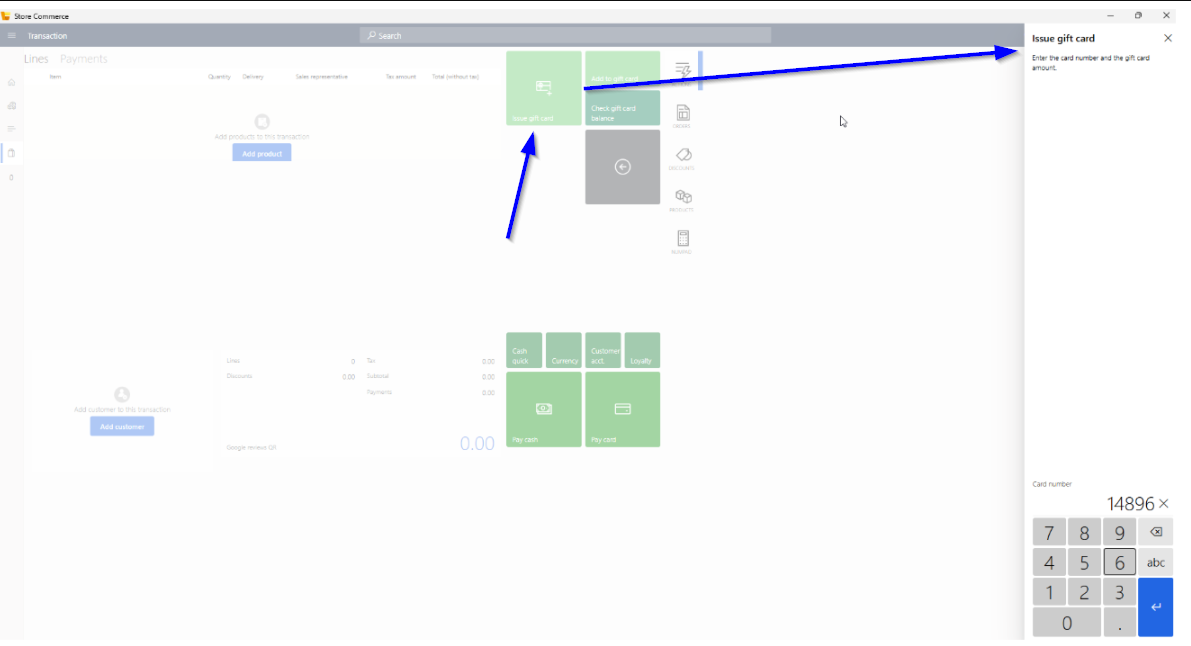 Store Commerce transaction with the Issue gift card action