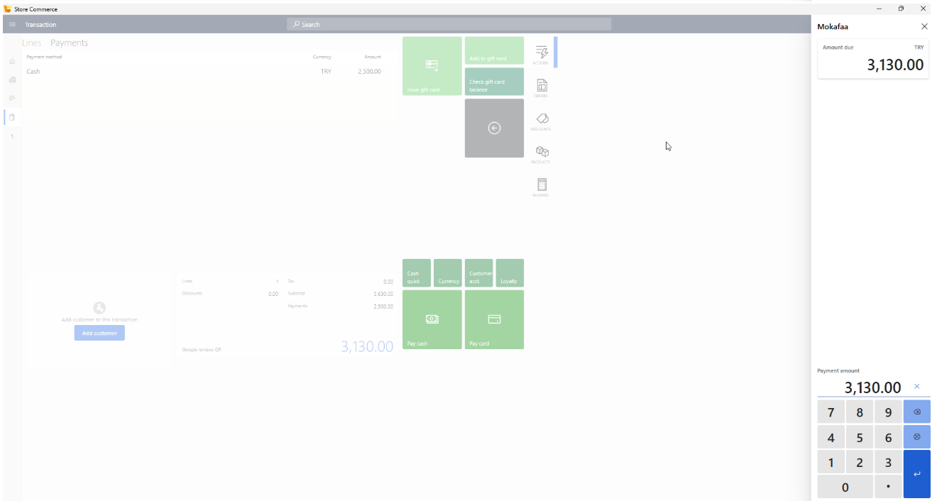 Store Commerce payment panel completing the remaining amount with a second payment method